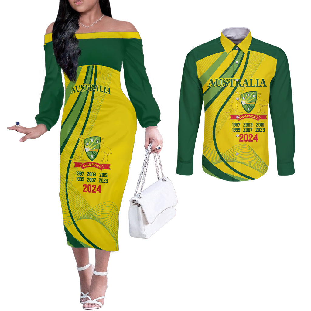 Australia Cricket World Cup 2024 Couples Matching Off The Shoulder Long Sleeve Dress and Long Sleeve Button Shirt Aussie Make Champions