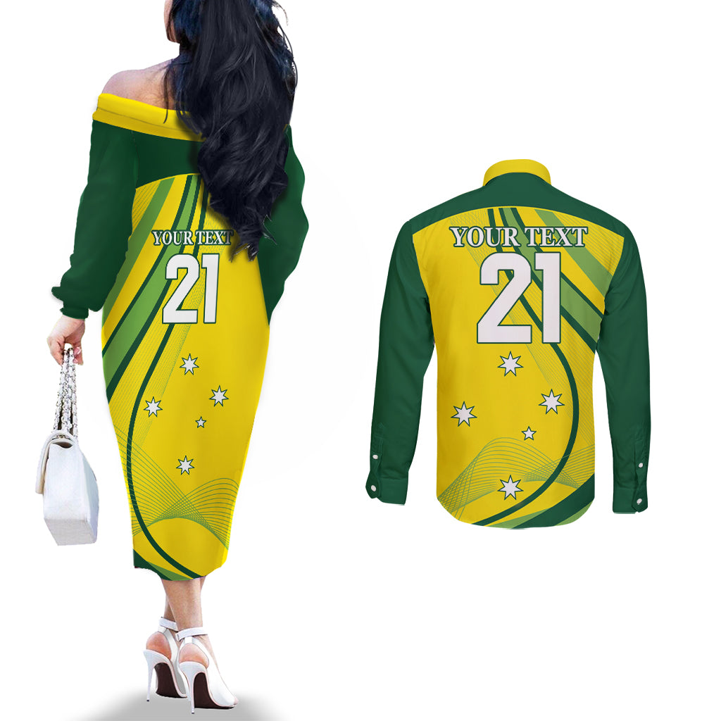 Australia Cricket World Cup 2024 Couples Matching Off The Shoulder Long Sleeve Dress and Long Sleeve Button Shirt Aussie Make Champions