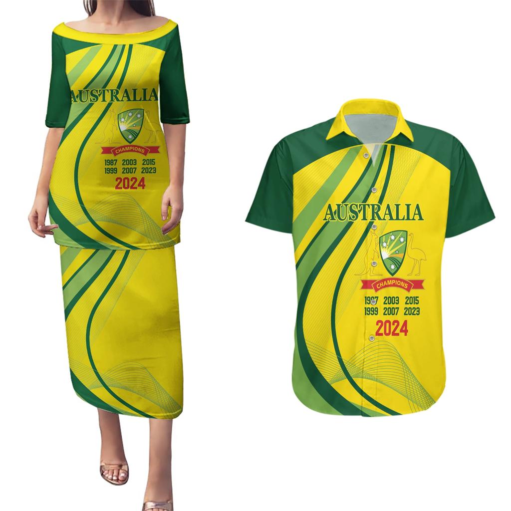 Australia Cricket World Cup 2024 Couples Matching Puletasi and Hawaiian Shirt Aussie Make Champions