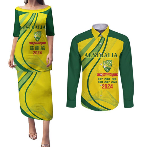 Australia Cricket World Cup 2024 Couples Matching Puletasi and Long Sleeve Button Shirt Aussie Make Champions