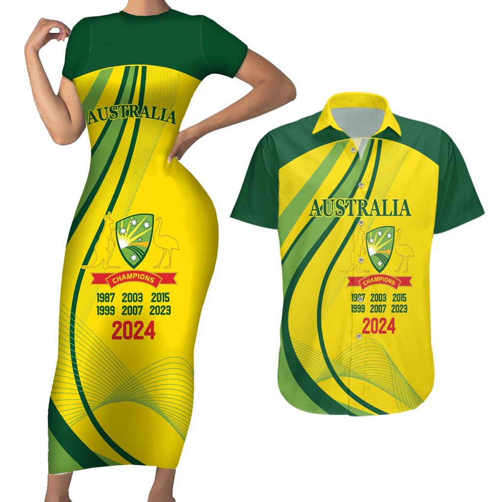 Australia Cricket World Cup 2024 Couples Matching Short Sleeve Bodycon Dress and Hawaiian Shirt Aussie Make Champions