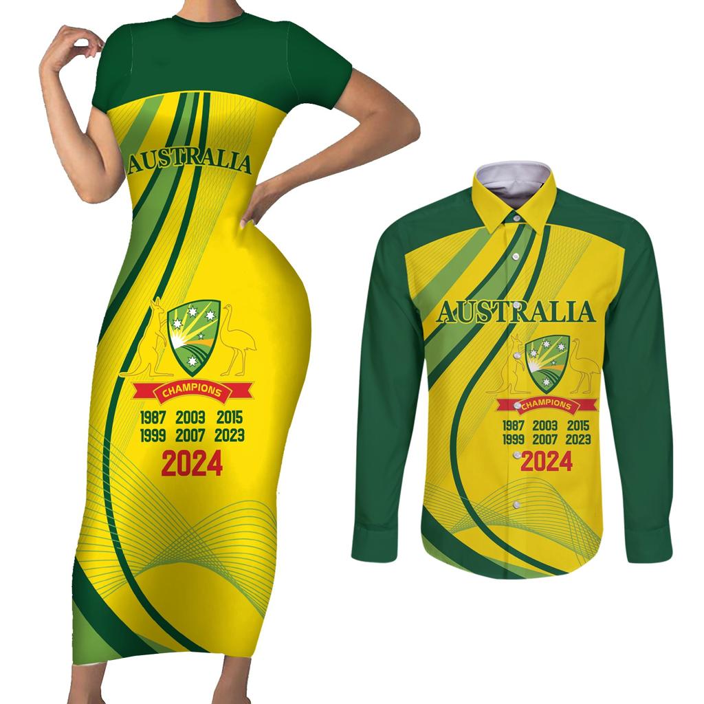 Australia Cricket World Cup 2024 Couples Matching Short Sleeve Bodycon Dress and Long Sleeve Button Shirt Aussie Make Champions