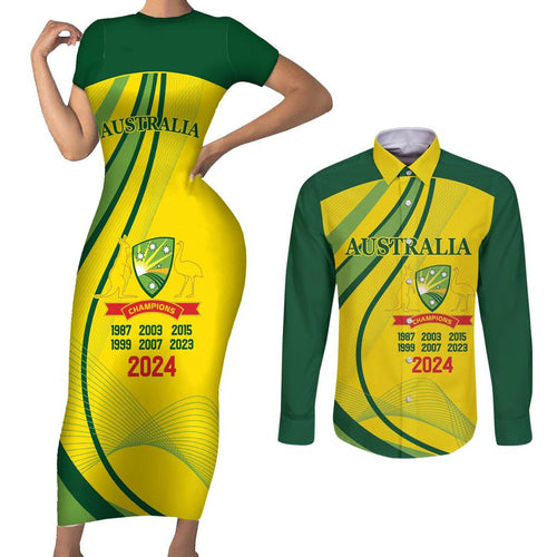 Australia Cricket World Cup 2024 Couples Matching Short Sleeve Bodycon Dress and Long Sleeve Button Shirt Aussie Make Champions