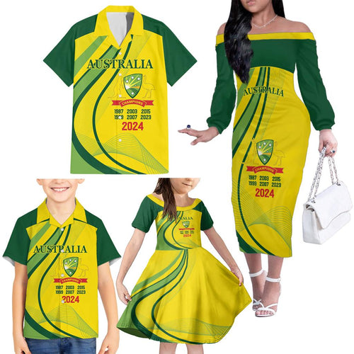 Australia Cricket World Cup 2024 Family Matching Off The Shoulder Long Sleeve Dress and Hawaiian Shirt Aussie Make Champions