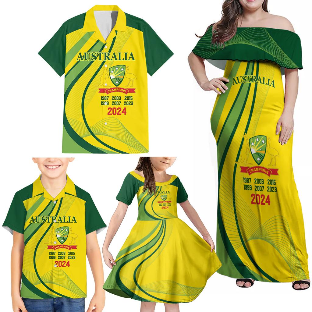 Australia Cricket World Cup 2024 Family Matching Off Shoulder Maxi Dress and Hawaiian Shirt Aussie Make Champions