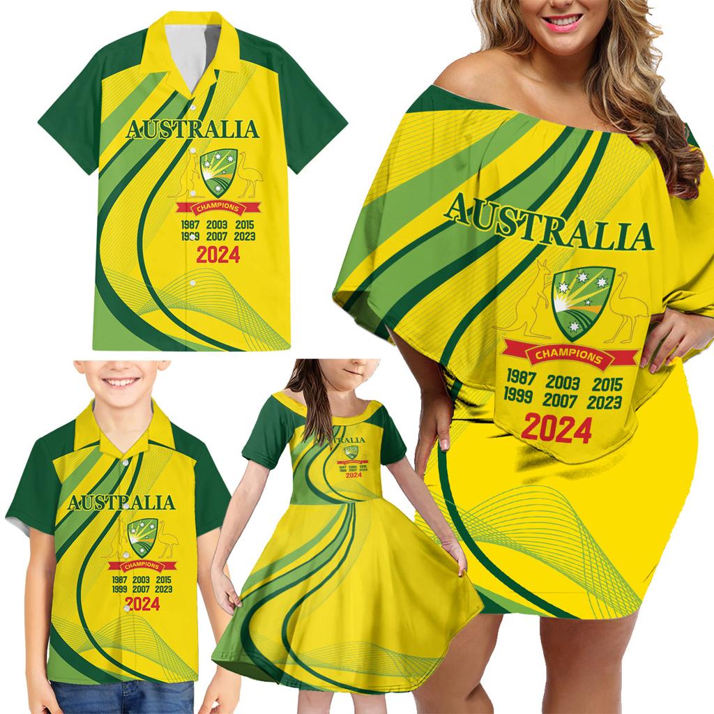 Australia Cricket World Cup 2024 Family Matching Off Shoulder Short Dress and Hawaiian Shirt Aussie Make Champions