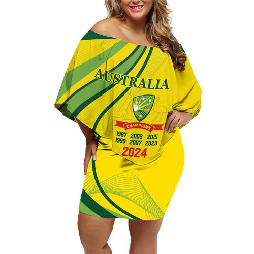 Australia Cricket World Cup 2024 Family Matching Off Shoulder Short Dress and Hawaiian Shirt Aussie Make Champions