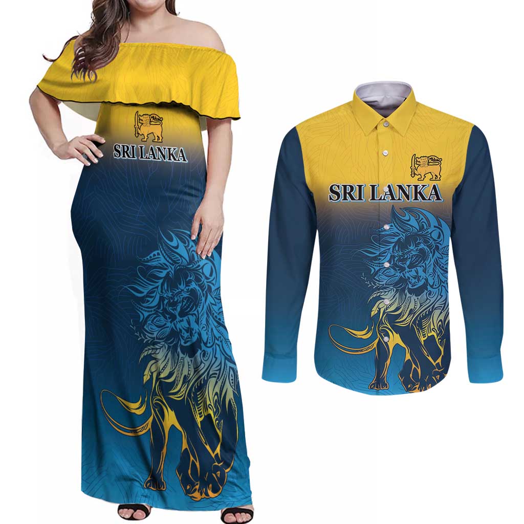 Custom Sri Lanka Cricket Couples Matching Off Shoulder Maxi Dress and Long Sleeve Button Shirt With Simple Lions Version