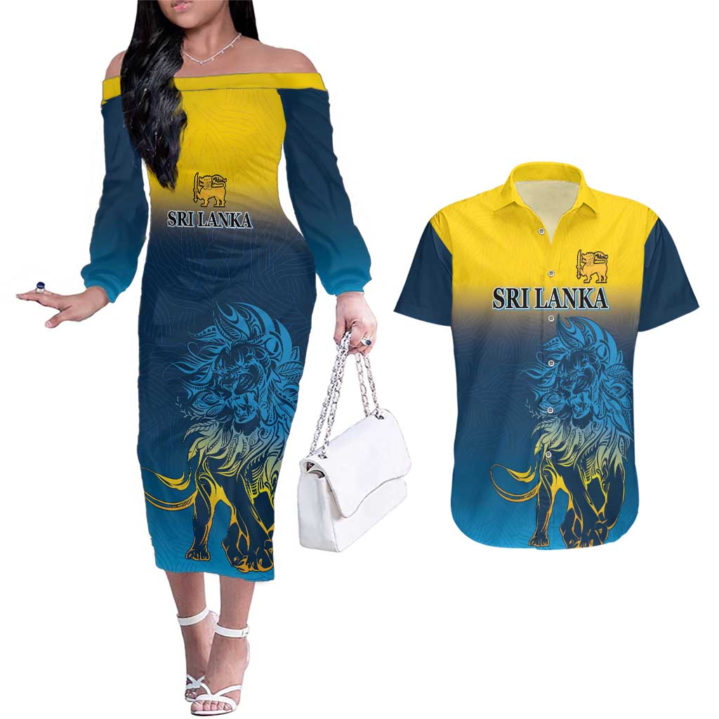 Custom Sri Lanka Cricket Couples Matching Off The Shoulder Long Sleeve Dress and Hawaiian Shirt With Simple Lions Version