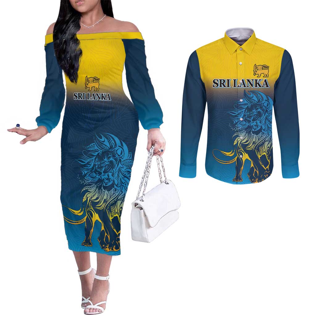 Custom Sri Lanka Cricket Couples Matching Off The Shoulder Long Sleeve Dress and Long Sleeve Button Shirt With Simple Lions Version
