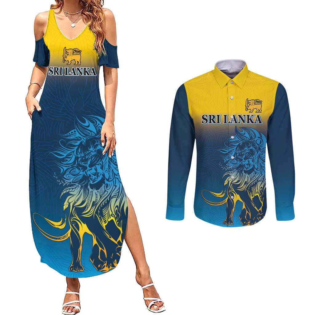 Custom Sri Lanka Cricket Couples Matching Summer Maxi Dress and Long Sleeve Button Shirt With Simple Lions Version
