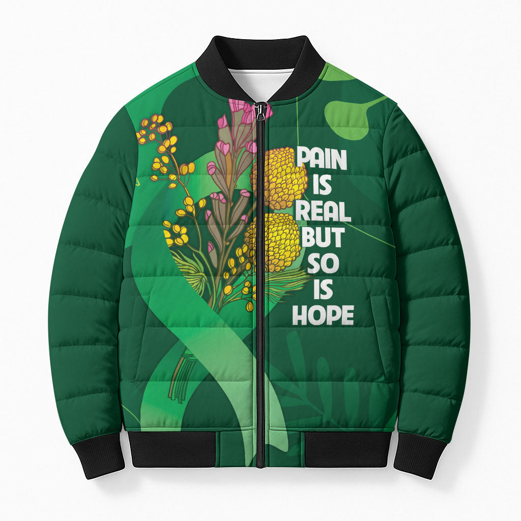 Mental Health Awareness Personalised Bomber Puffer Jacket Pain Real But So Is Hope