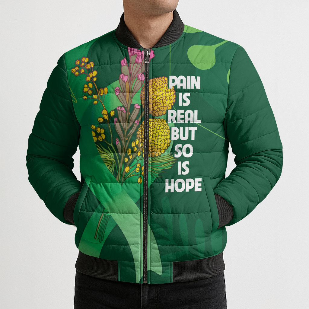 Mental Health Awareness Personalised Bomber Puffer Jacket Pain Real But So Is Hope