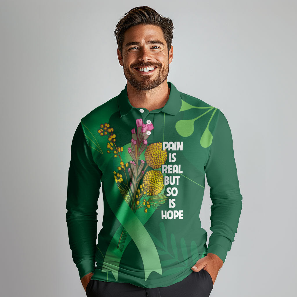 Mental Health Awareness Personalised Long Sleeve Polo Shirt Pain Real But So Is Hope
