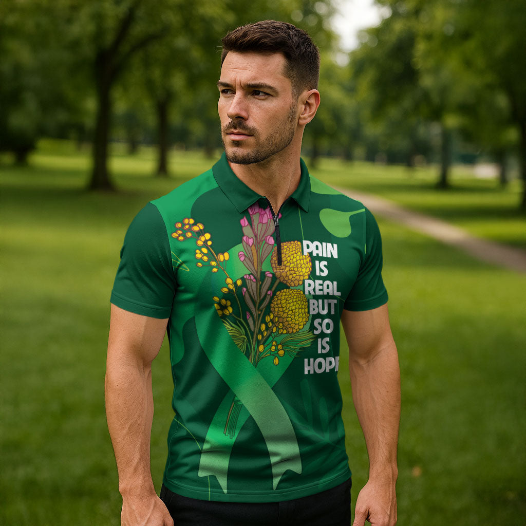 Mental Health Awareness Personalised Zipper Polo Shirt Pain Real But So Is Hope