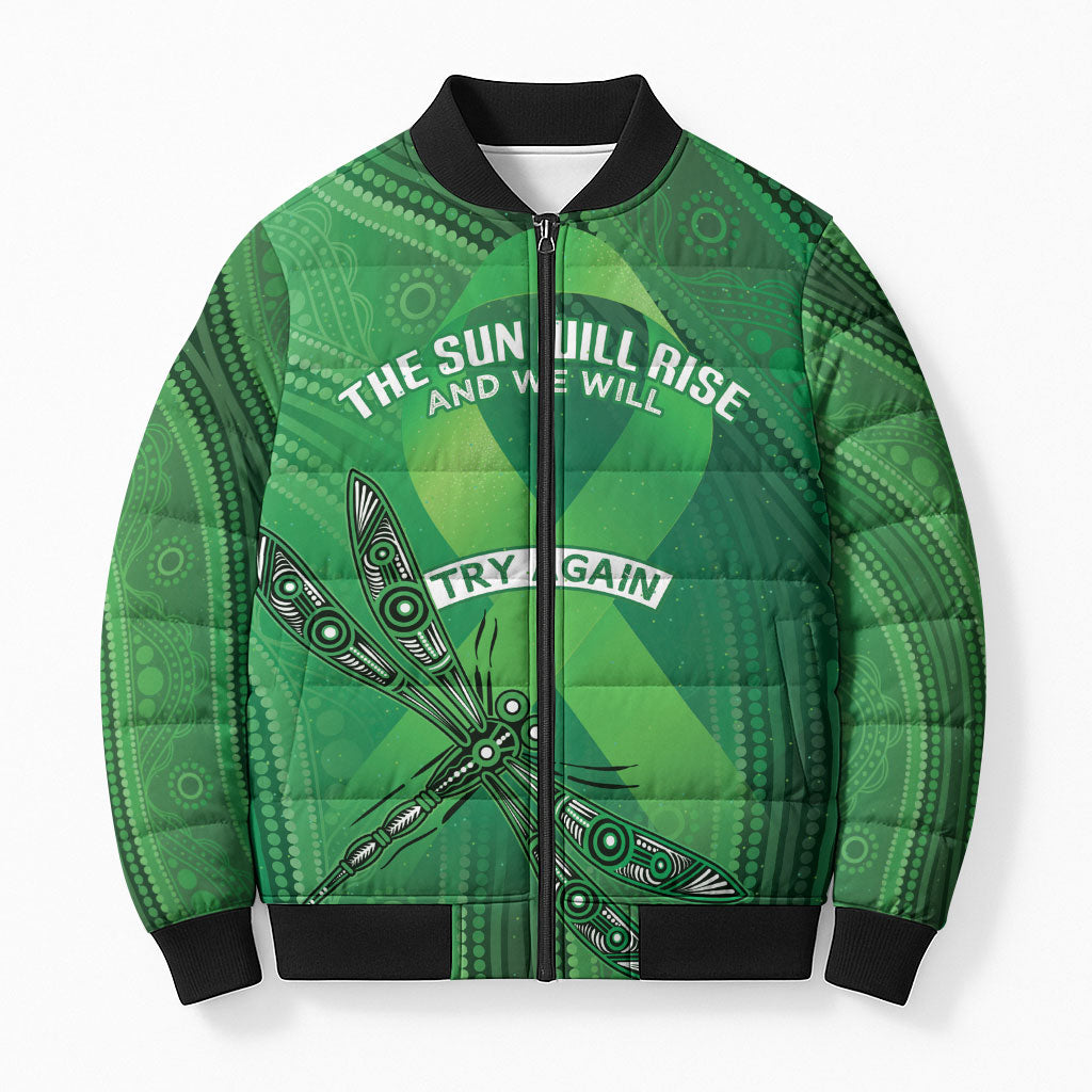 Mental Health Awareness Personalised Bomber Puffer Jacket The Sun Will Rise And We Will Try Again
