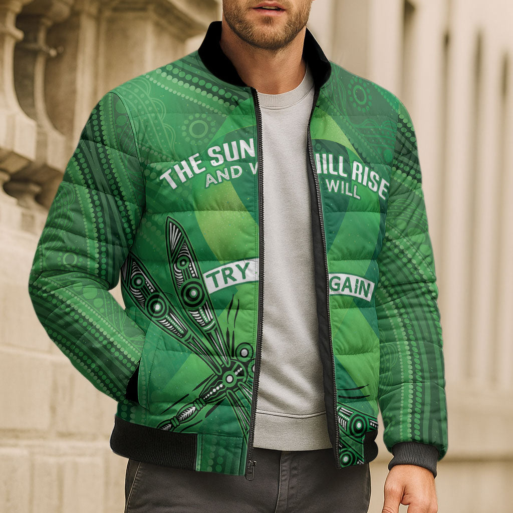 Mental Health Awareness Personalised Bomber Puffer Jacket The Sun Will Rise And We Will Try Again