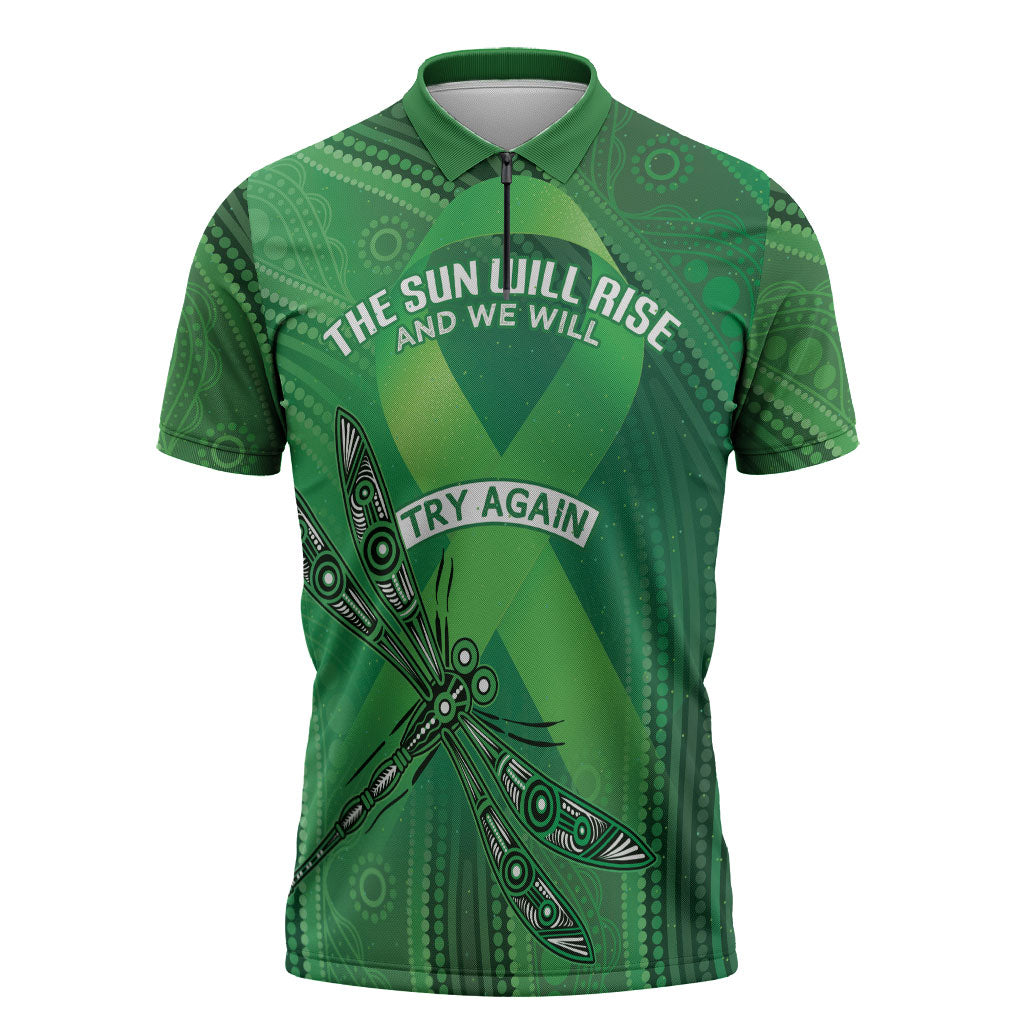 Mental Health Awareness Personalised Zipper Polo Shirt The Sun Will Rise And We Will Try Again