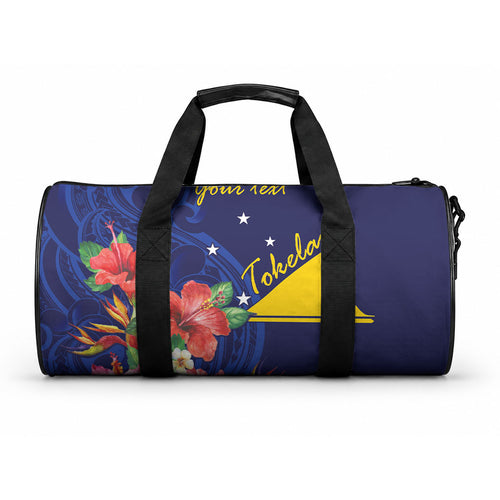 Personalised Tokelau Tropical Hibiscus Duffle Bag With Polynesian Plumeria Tattoo