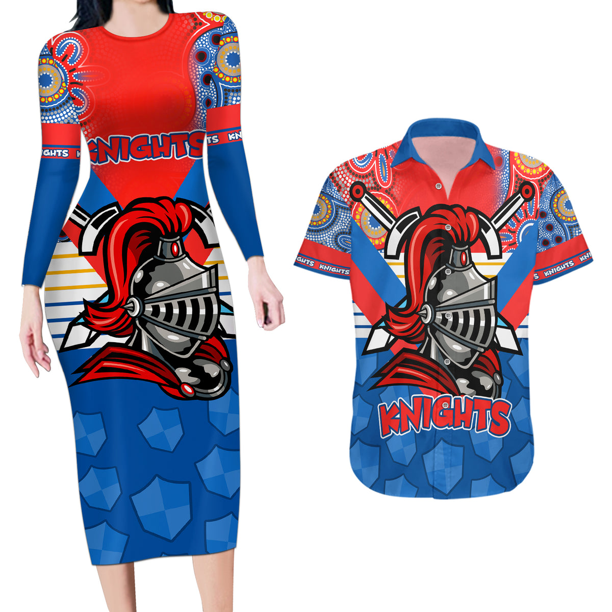 nrl-knight-couples-matching-long-sleeve-bodycon-dress-and-hawaiian-shirt-proud-newcastle-aboriginal-vibe