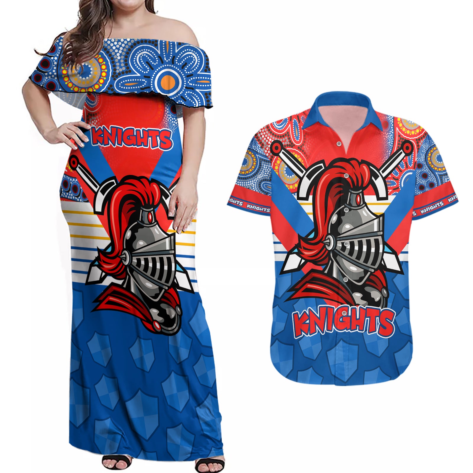 nrl-knight-couples-matching-off-shoulder-maxi-dress-and-hawaiian-shirt-proud-newcastle-aboriginal-vibe