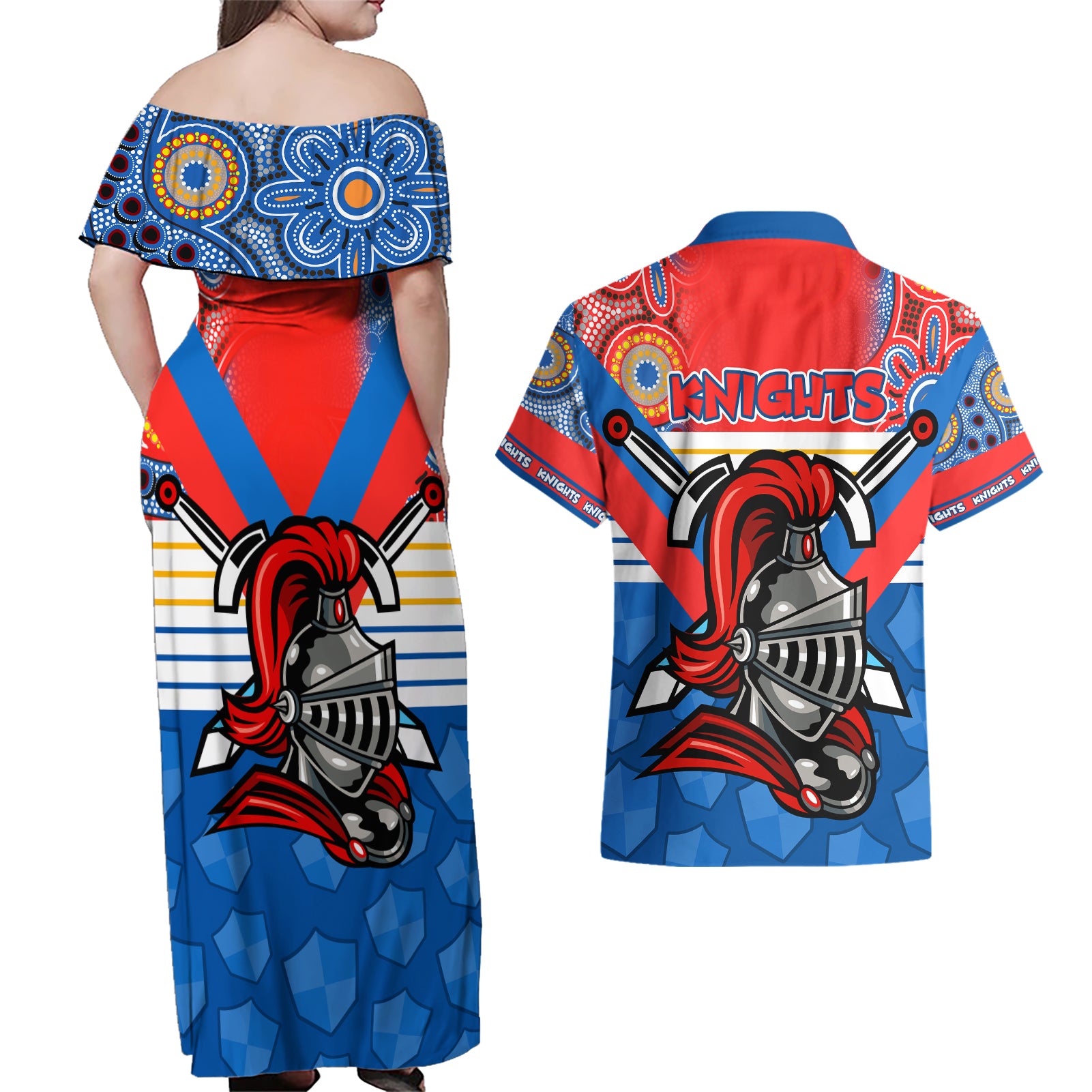 nrl-knight-couples-matching-off-shoulder-maxi-dress-and-hawaiian-shirt-proud-newcastle-aboriginal-vibe