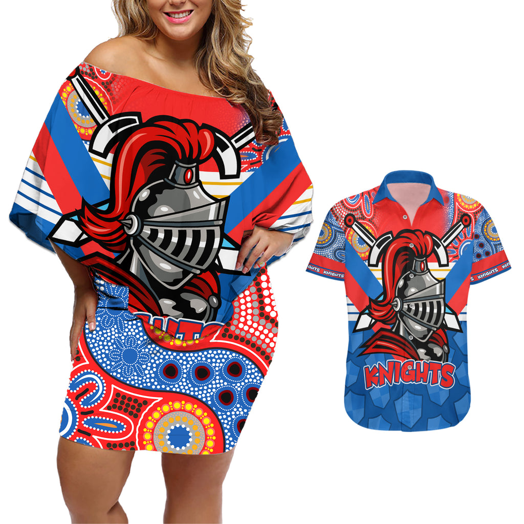nrl-knight-couples-matching-off-shoulder-short-dress-and-hawaiian-shirt-proud-newcastle-aboriginal-vibe