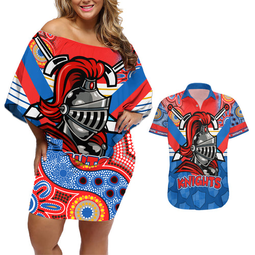 nrl-knight-couples-matching-off-shoulder-short-dress-and-hawaiian-shirt-proud-newcastle-aboriginal-vibe