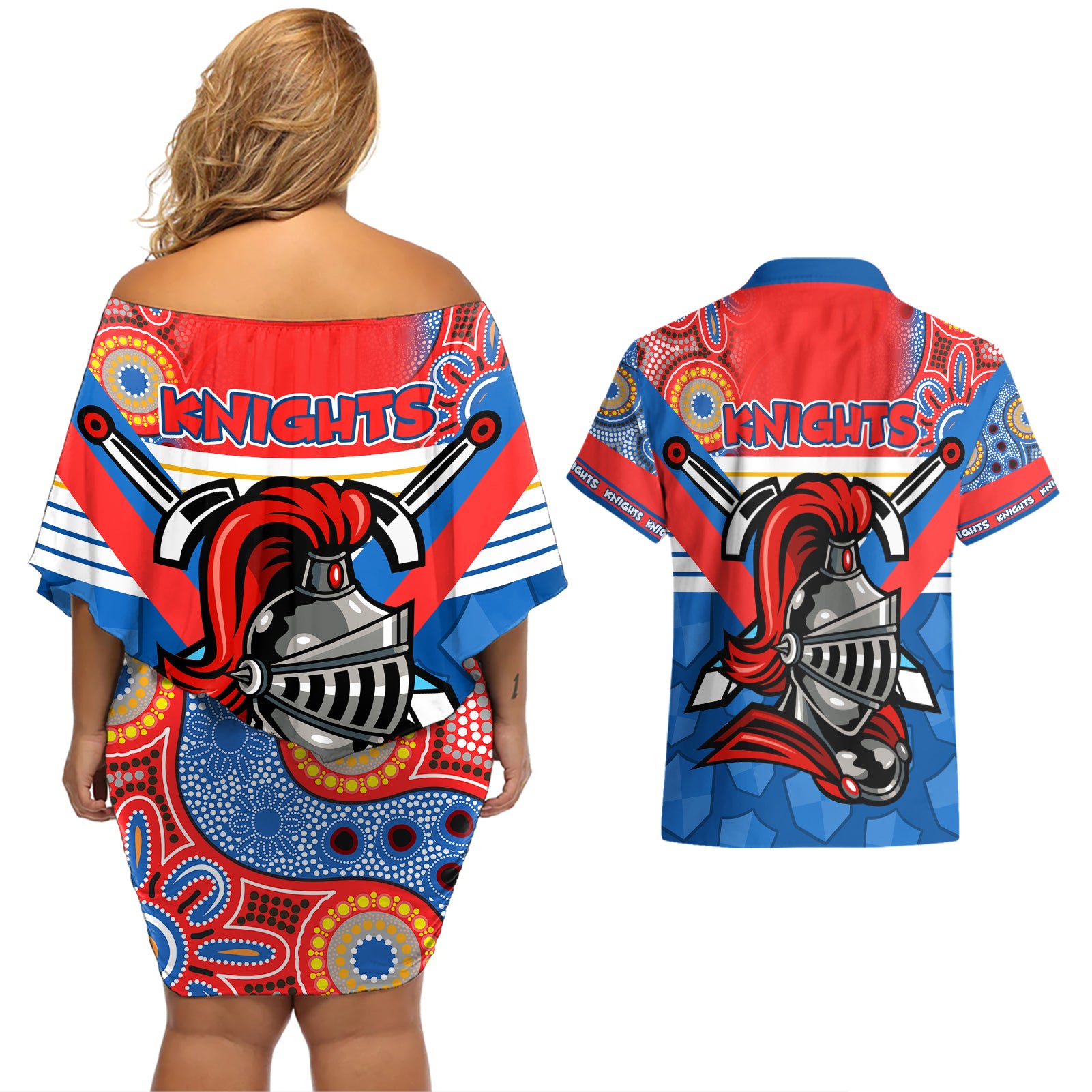 nrl-knight-couples-matching-off-shoulder-short-dress-and-hawaiian-shirt-proud-newcastle-aboriginal-vibe