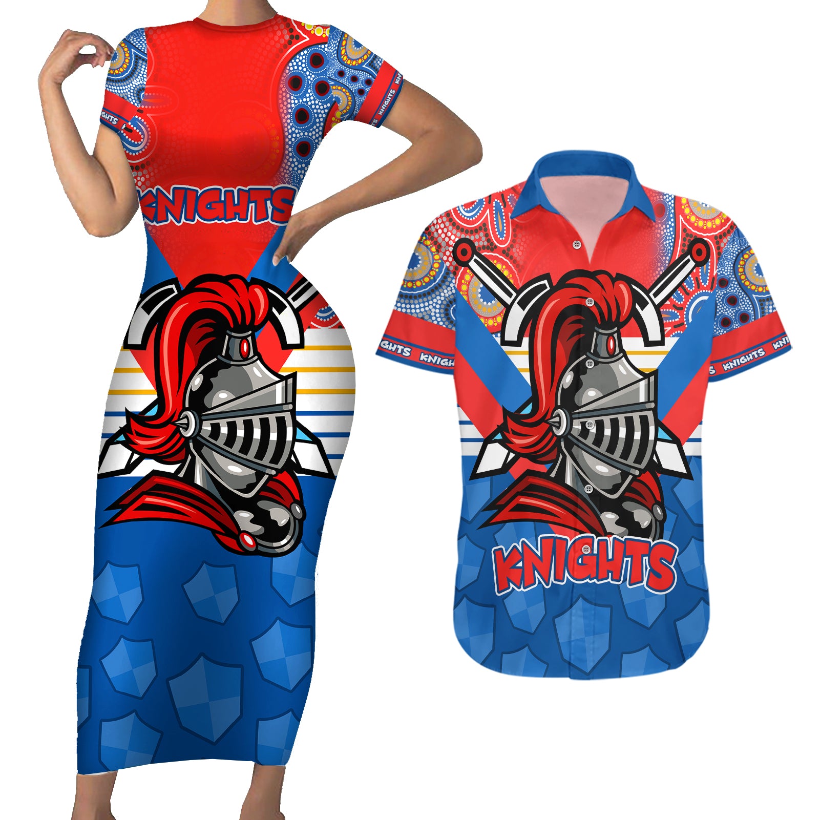 nrl-knight-couples-matching-short-sleeve-bodycon-dress-and-hawaiian-shirt-proud-newcastle-aboriginal-vibe