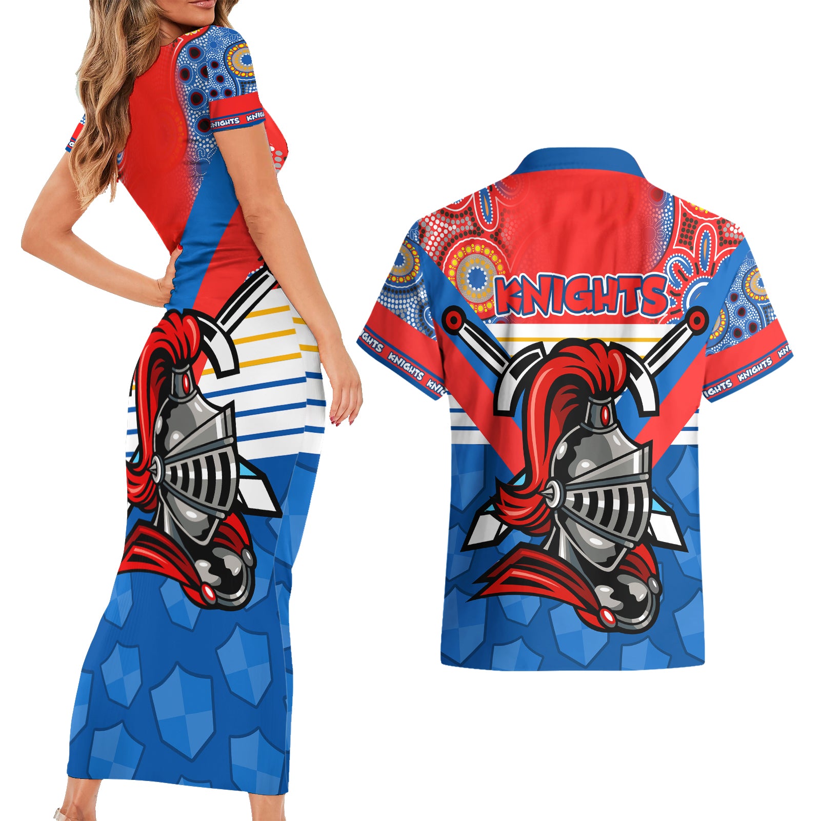 nrl-knight-couples-matching-short-sleeve-bodycon-dress-and-hawaiian-shirt-proud-newcastle-aboriginal-vibe