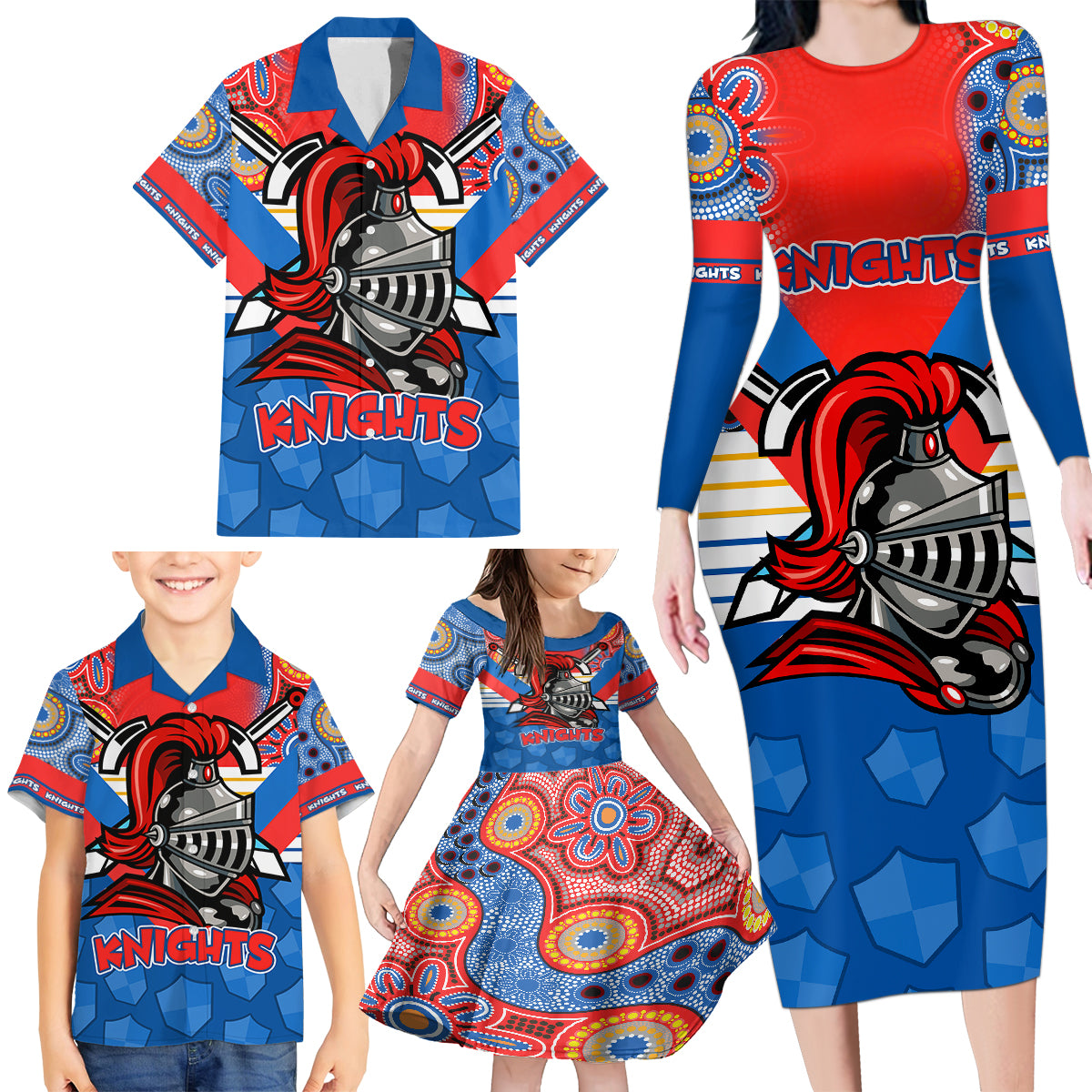 nrl-knight-family-matching-long-sleeve-bodycon-dress-and-hawaiian-shirt-proud-newcastle-aboriginal-vibe