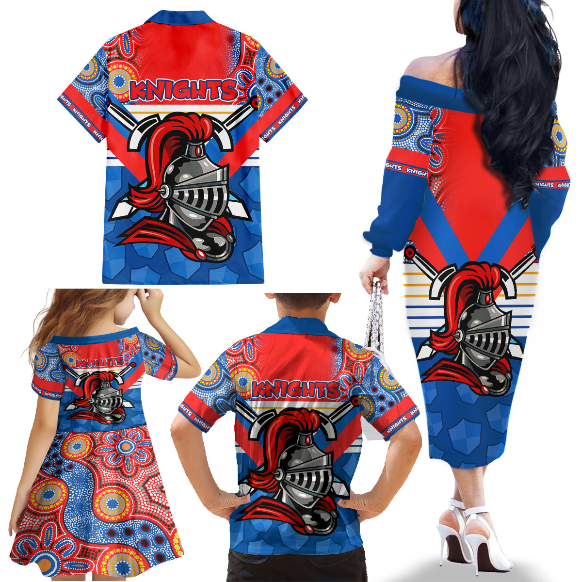 nrl-knight-family-matching-off-shoulder-long-sleeve-dress-and-hawaiian-shirt-proud-newcastle-aboriginal-vibe
