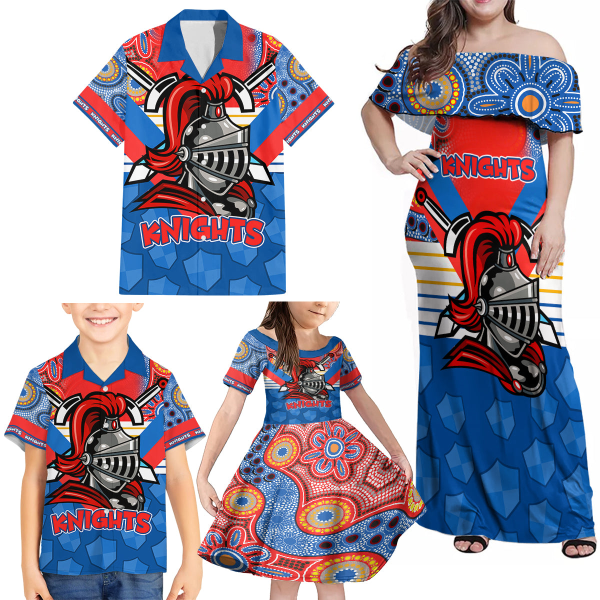 nrl-knight-family-matching-off-shoulder-maxi-dress-and-hawaiian-shirt-proud-newcastle-aboriginal-vibe