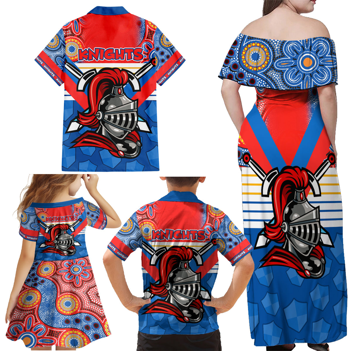 nrl-knight-family-matching-off-shoulder-maxi-dress-and-hawaiian-shirt-proud-newcastle-aboriginal-vibe