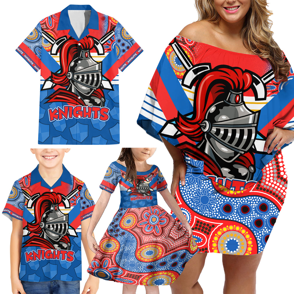 nrl-knight-family-matching-off-shoulder-short-dress-and-hawaiian-shirt-proud-newcastle-aboriginal-vibe