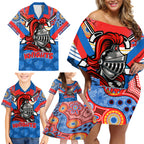 nrl-knight-family-matching-off-shoulder-short-dress-and-hawaiian-shirt-proud-newcastle-aboriginal-vibe