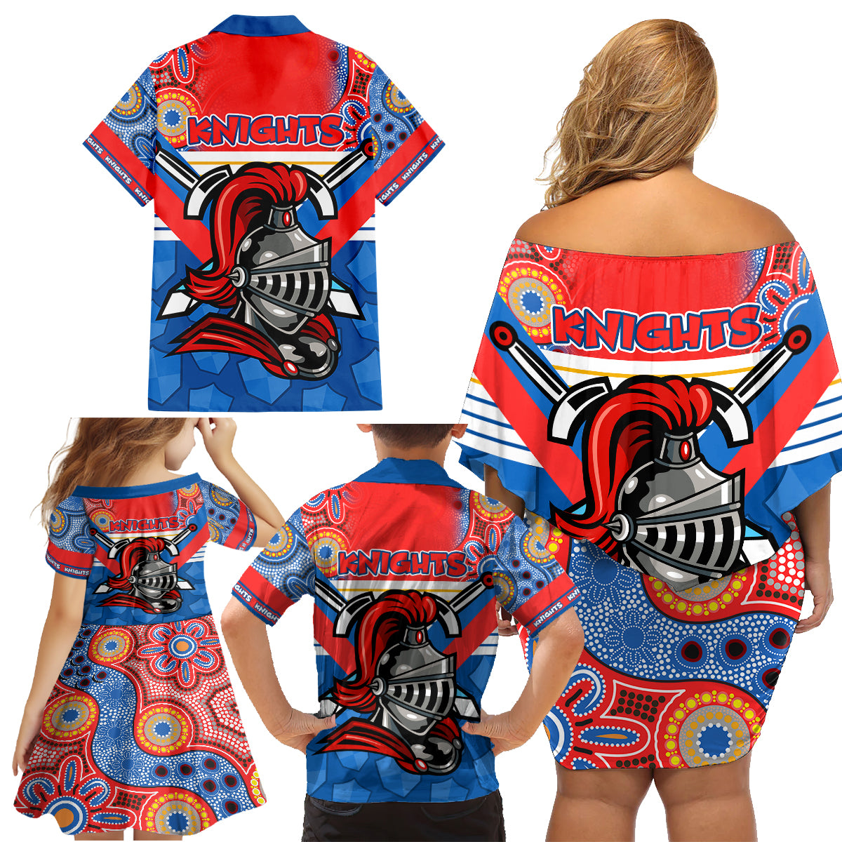 nrl-knight-family-matching-off-shoulder-short-dress-and-hawaiian-shirt-proud-newcastle-aboriginal-vibe