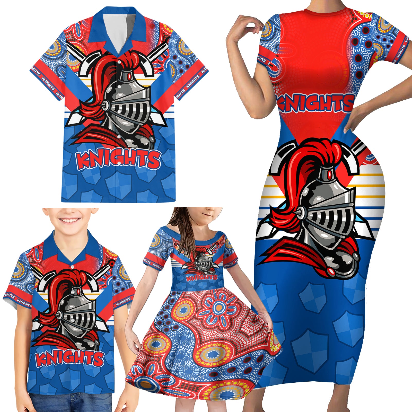 nrl-knight-family-matching-short-sleeve-bodycon-dress-and-hawaiian-shirt-proud-newcastle-aboriginal-vibe