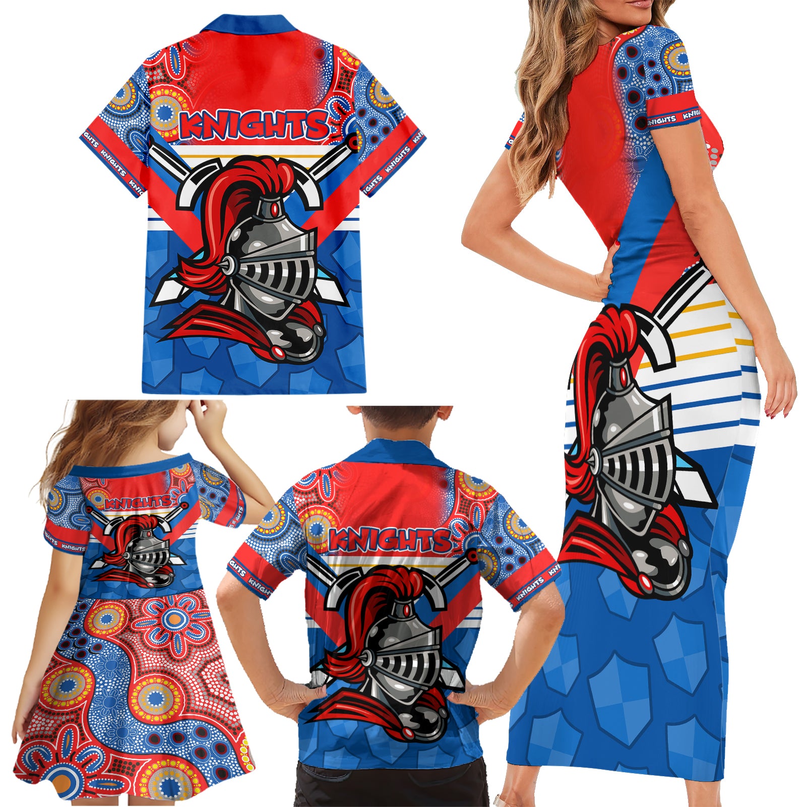 nrl-knight-family-matching-short-sleeve-bodycon-dress-and-hawaiian-shirt-proud-newcastle-aboriginal-vibe