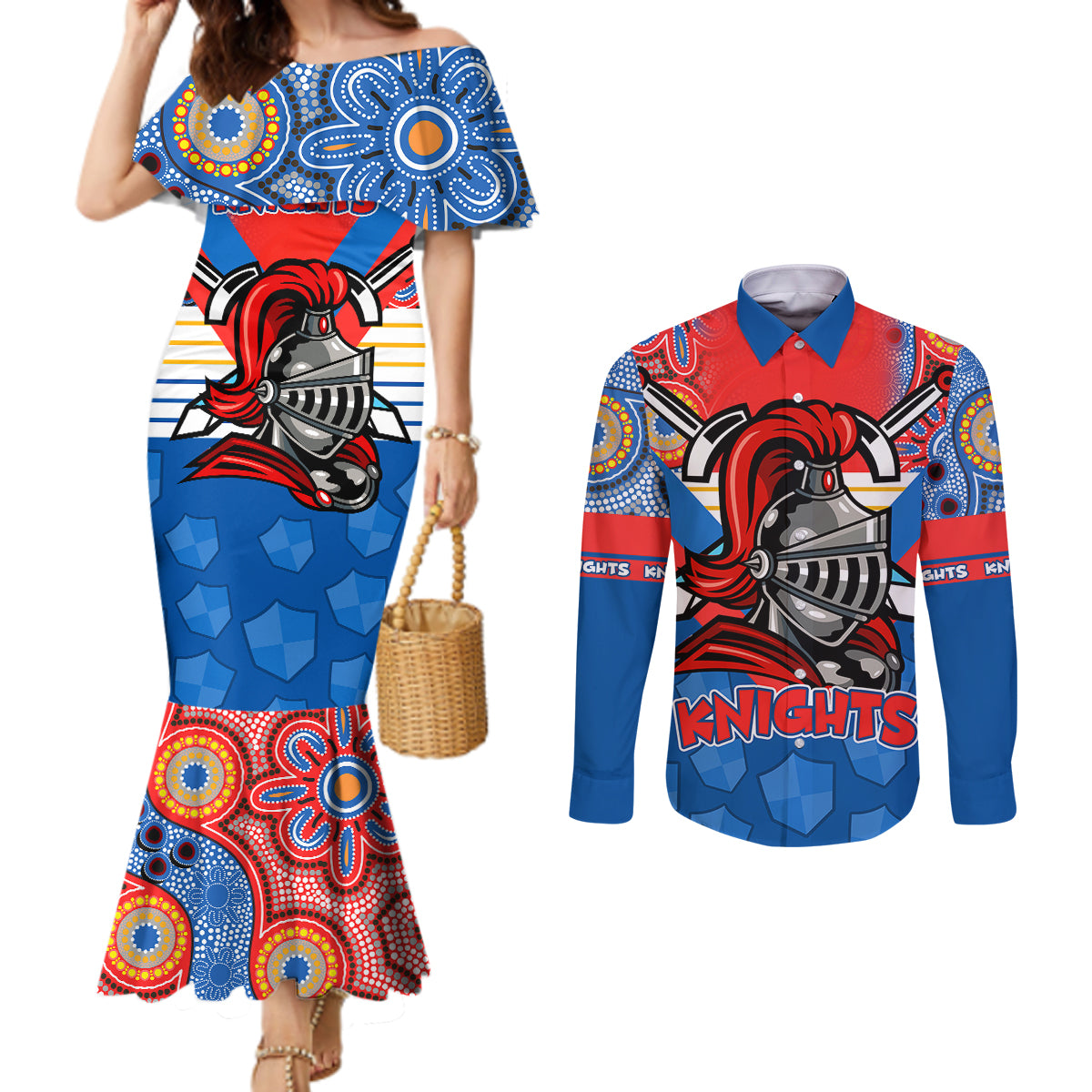 custom-nrl-knight-couples-matching-mermaid-dress-and-long-sleeve-button-shirts-proud-newcastle-aboriginal-vibe