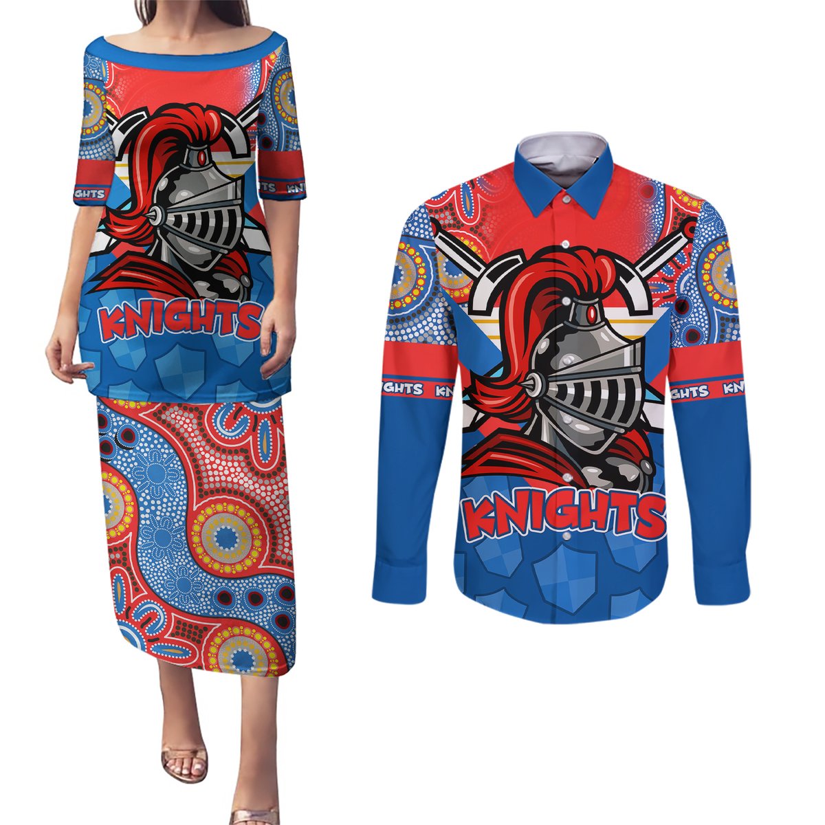 custom-nrl-knight-couples-matching-puletasi-dress-and-long-sleeve-button-shirts-proud-newcastle-aboriginal-vibe