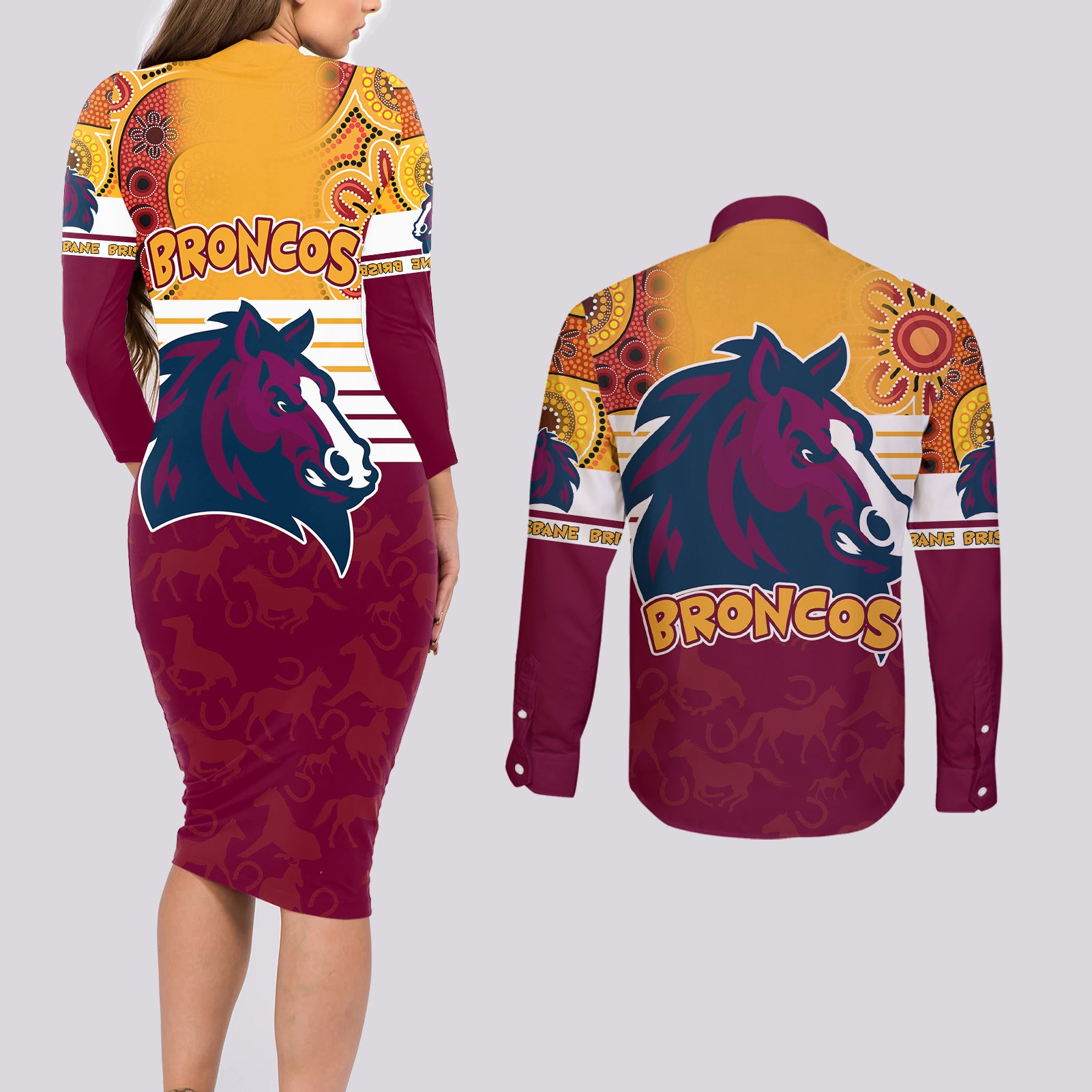 nrl-broncos-champions-2023-couples-matching-long-sleeve-bodycon-dress-and-long-sleeve-button-shirts-proud-newcastle-aboriginal-vibe
