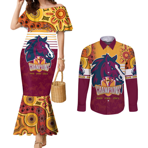 nrl-broncos-champions-2023-couples-matching-mermaid-dress-and-long-sleeve-button-shirts-proud-newcastle-aboriginal-vibe