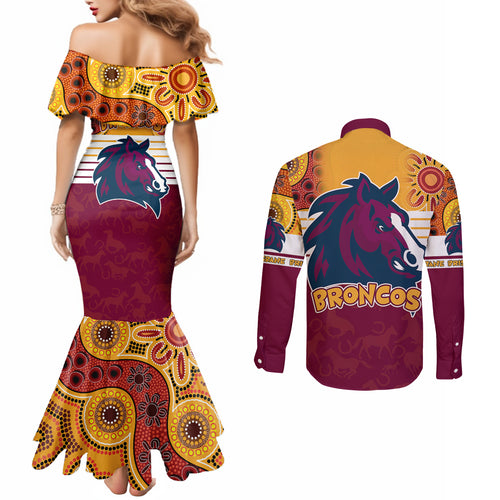 nrl-broncos-champions-2023-couples-matching-mermaid-dress-and-long-sleeve-button-shirts-proud-newcastle-aboriginal-vibe