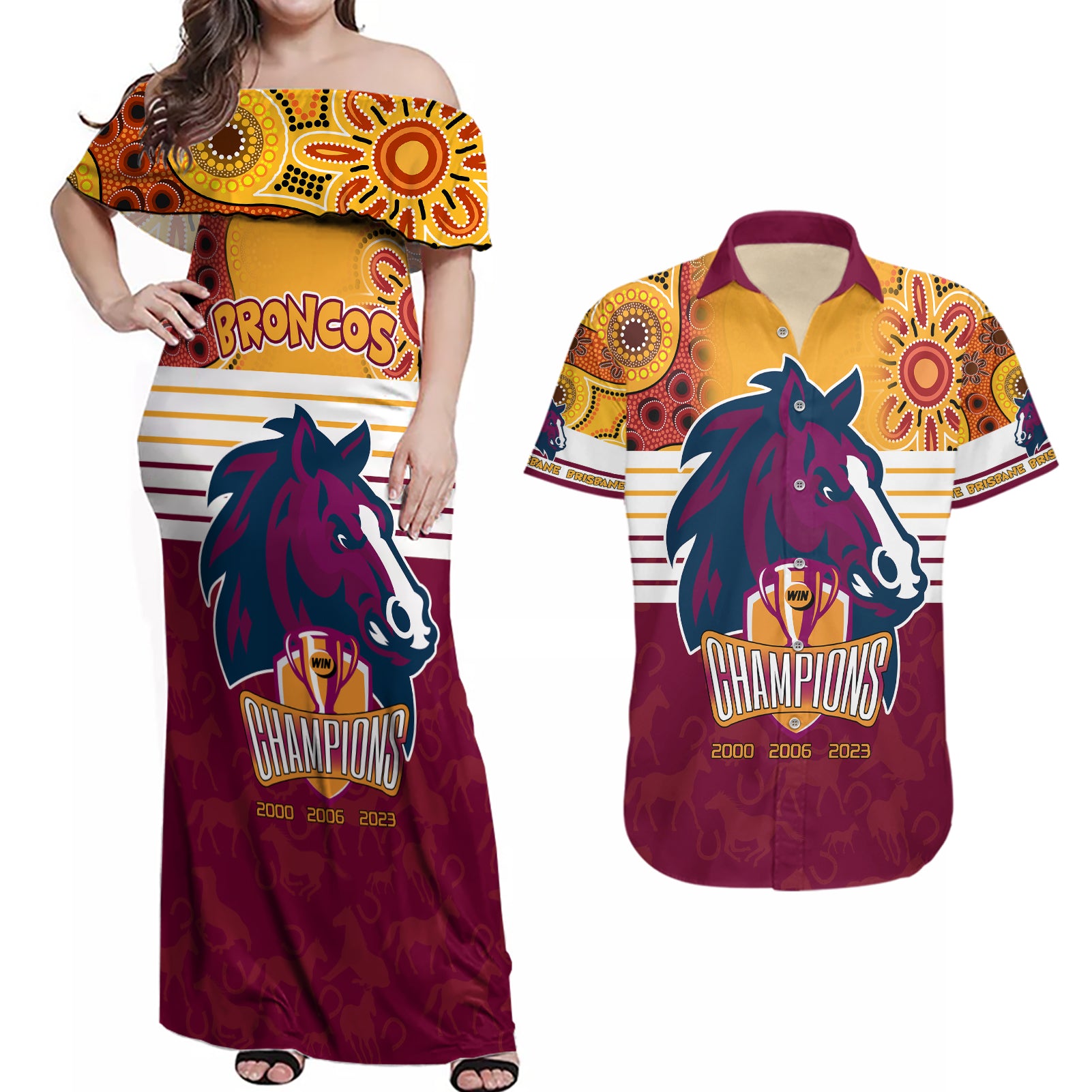nrl-broncos-champions-2023-couples-matching-off-shoulder-maxi-dress-and-hawaiian-shirt-proud-newcastle-aboriginal-vibe