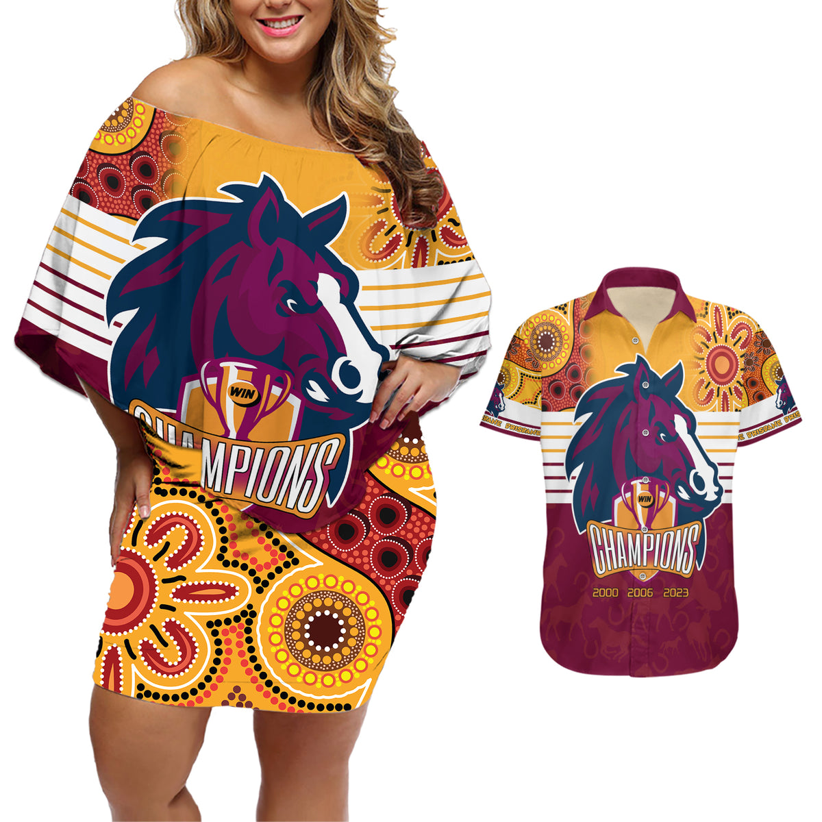 nrl-broncos-champions-2023-couples-matching-off-shoulder-short-dress-and-hawaiian-shirt-proud-newcastle-aboriginal-vibe