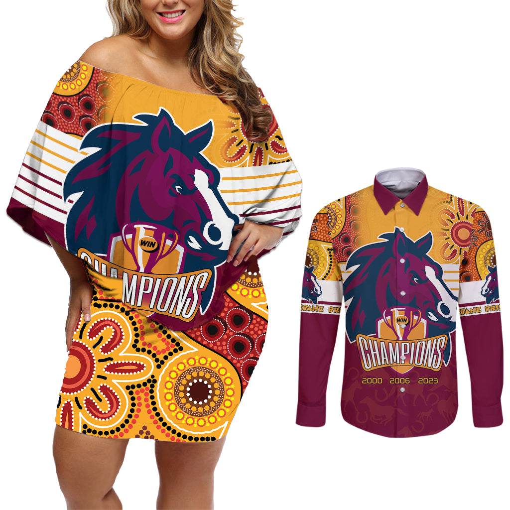 nrl-broncos-champions-2023-couples-matching-off-shoulder-short-dress-and-long-sleeve-button-shirts-proud-newcastle-aboriginal-vibe