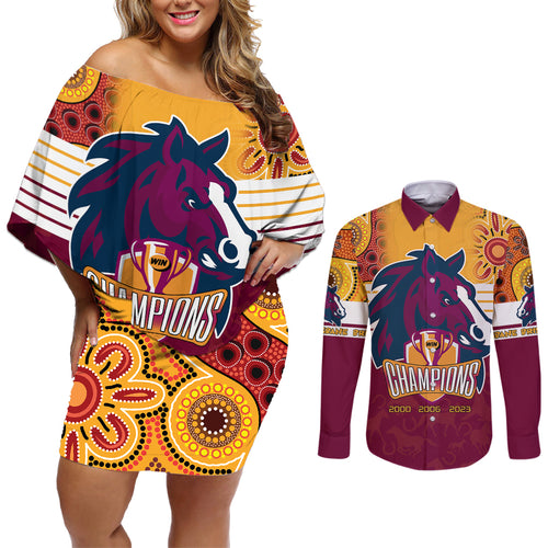 nrl-broncos-champions-2023-couples-matching-off-shoulder-short-dress-and-long-sleeve-button-shirts-proud-newcastle-aboriginal-vibe