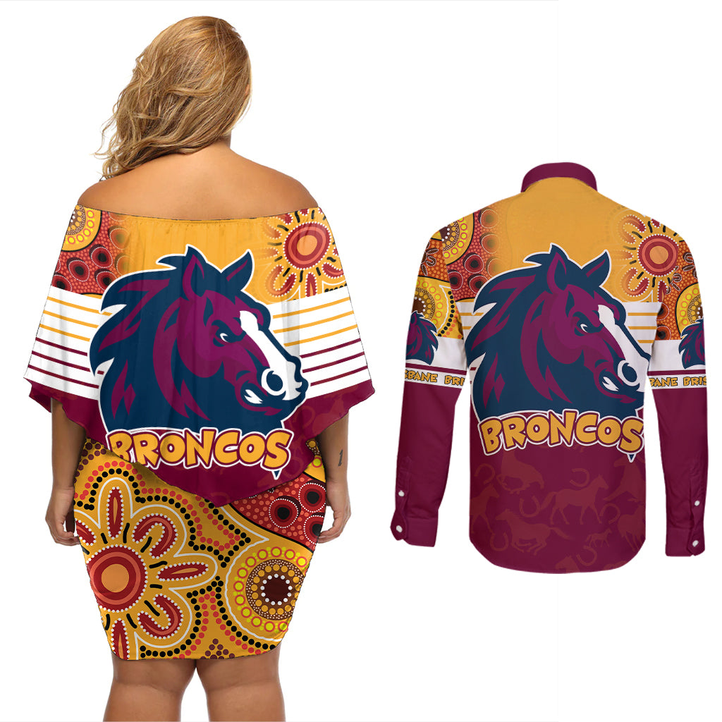 nrl-broncos-champions-2023-couples-matching-off-shoulder-short-dress-and-long-sleeve-button-shirts-proud-newcastle-aboriginal-vibe